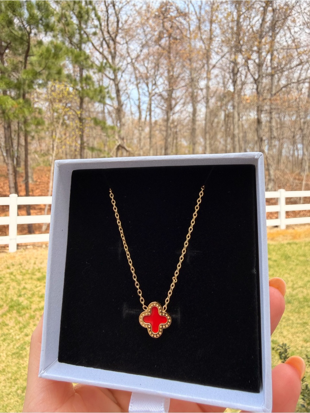 Gold Chain Necklace with Red Clover Pendant